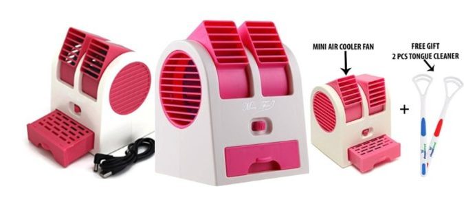 Portable Personal Fan Double Air Outlet Mini Desk Fan with Ice Box USB Charging or AA Battery Perfect for Study Room Office Laptop Table Home Pink